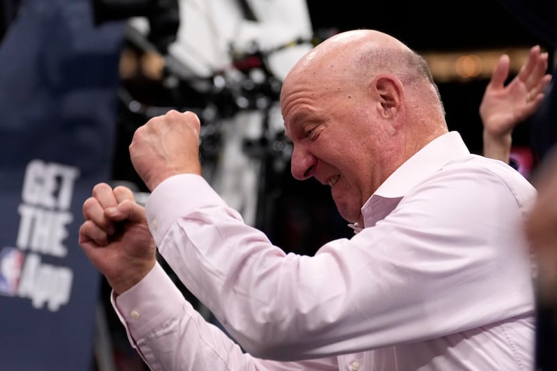 Los Angeles Clippers owner Steve Ballmer reacts after the Clippers scored during Game 4 of an NBA first-round playoff series against the Denver Nuggets, Saturday, April 26, 2025, in Inglewood, Calif.