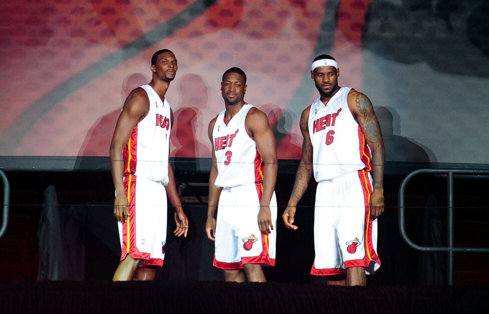 Chris Bosh, Dwyane Wade and LeBron James attend the Miami HEAT Summer of 2010 Welcome Event at AmericanAirlines Arena.