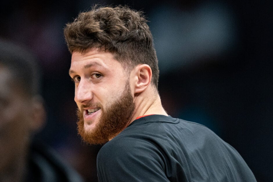 Jusuf Nurkic #27 of the Portland Trail Blazers warms up before their game against the Charlotte Hornets at Spectrum Center.