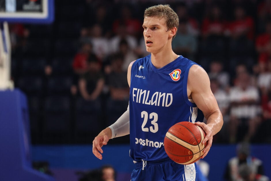 Lauri Markkanen #23 of Finland dribbles the ball during the FIBA Basketball World Cup Classification 17-32 Group O game between Cape Verde and Finland at Okinawa Arena on August 31, 2023 in Okinawa, Japan.
