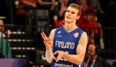 Lauri Markkanen #23 of Finland celebrates
