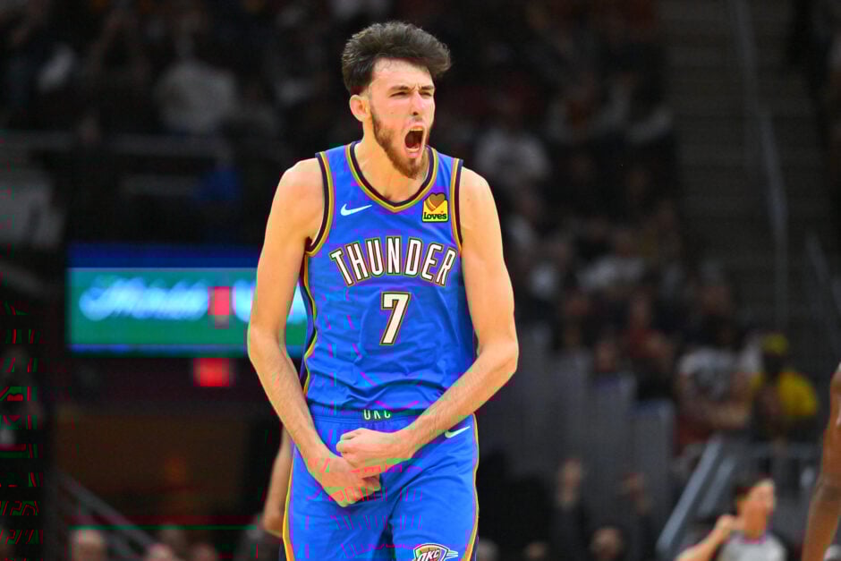 Chet Holmgren #7 of the Oklahoma City Thunder celebrates after scoring during the fourth quarter against the Cleveland Cavaliers at Rocket Mortgage Fieldhouse on October 27, 2023 in Cleveland, Ohio.