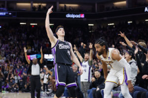 SACRAMENTO, CALIFORNIA - OCTOBER 29: Kevin Huerter #9 of the Sacramento Kings reacts after making a three-point basket in overtime against the Los Angeles Lakers at Golden 1 Center on October 29, 2023 in Sacramento, California. NOTE TO USER: User expressly acknowledges and agrees that, by downloading and or using this photograph, User is consenting to the terms and conditions of the Getty Images License Agreement. (Photo by Lachlan Cunningham/Getty Images)