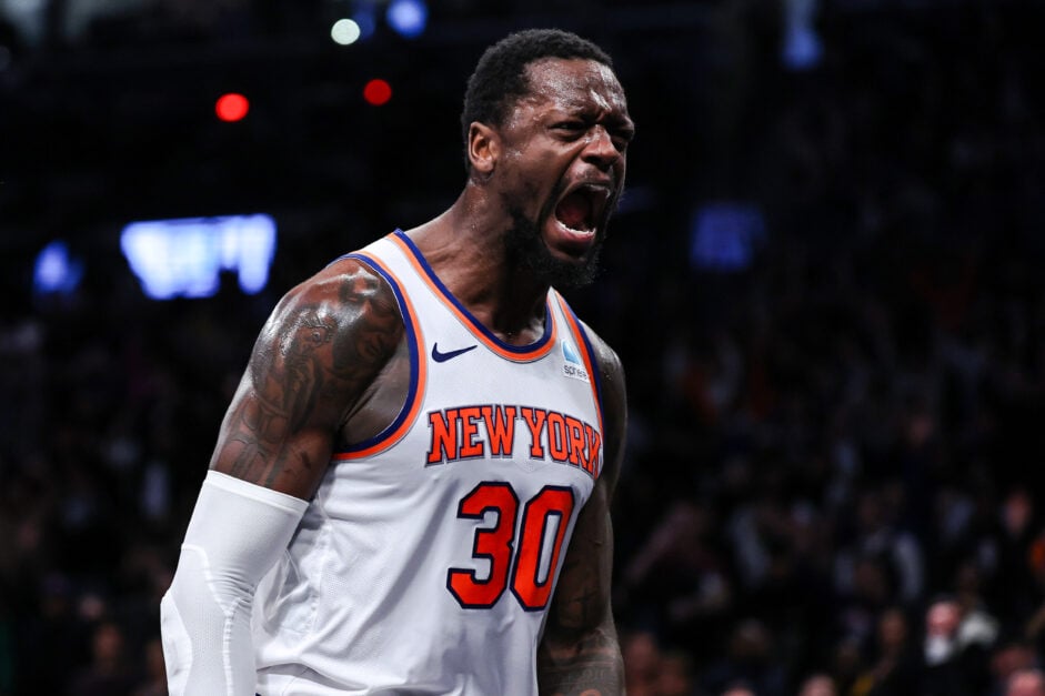Julius Randle #30 of the New York Knicks reacts after a dunk during the fourth quarter of the game against the Brooklyn Nets at Barclays Center on January 23, 2024 in New York City.