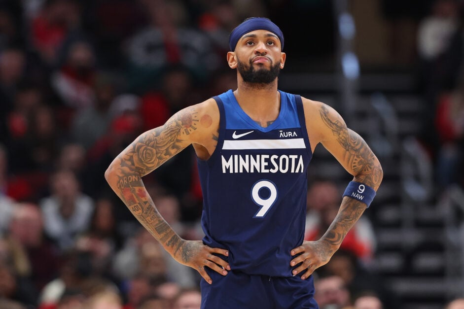 Nickeil Alexander-Walker #9 of the Minnesota Timberwolves looks on against the Chicago Bulls during the first half at the United Center.