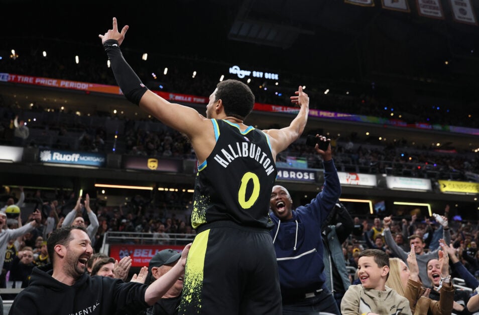 Tyrese Haliburton #0 of the Indiana Pacers celebrates after making a three point shot against the Oklahoma City Thunder.