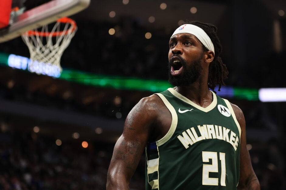 Patrick Beverley #21 of the Milwaukee Bucks reacts to a score during the second half of game five of the Eastern Conference First Round Playoffs.
