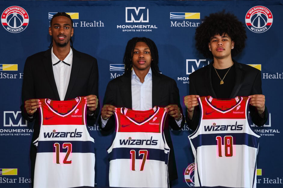 2024 draft picks Alex Sarr #12, Bub Carrington #17, and Kyshawn George #18 of the Washington Wizards are introduced at Union Station on June 29, 2024 in Washington, DC.
