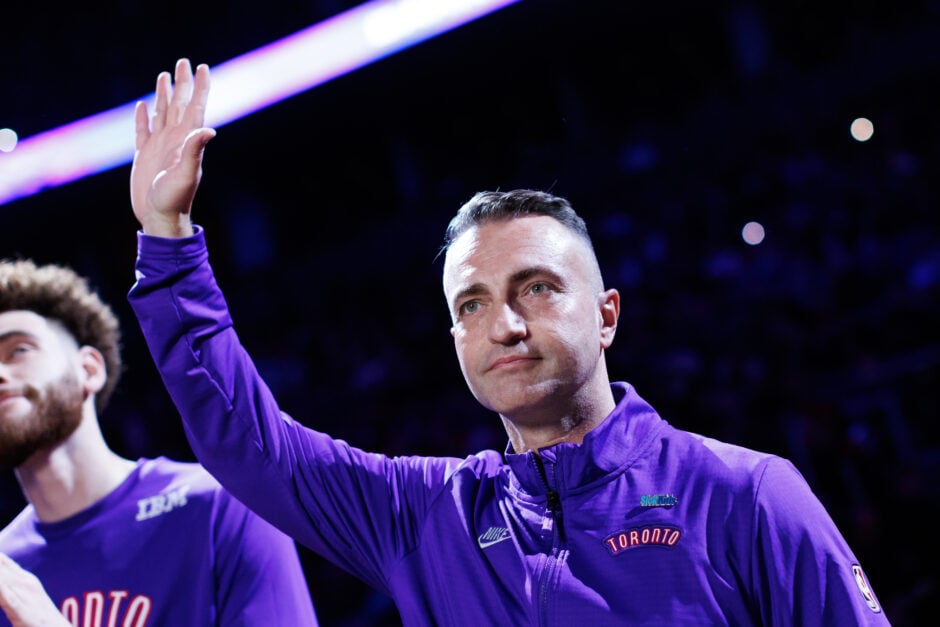 Darko Rajakovic, head coach of the Toronto Raptors is introduced ahead of the game against the Cleveland Cavaliers at Scotiabank Arena.