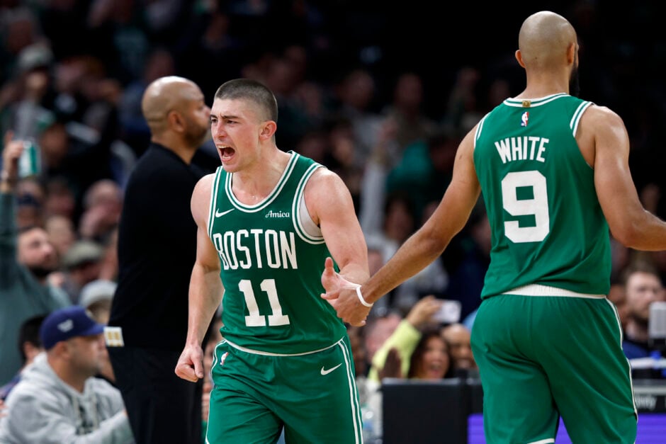 Derrick White and Payton Pritchard of Boston Celtics