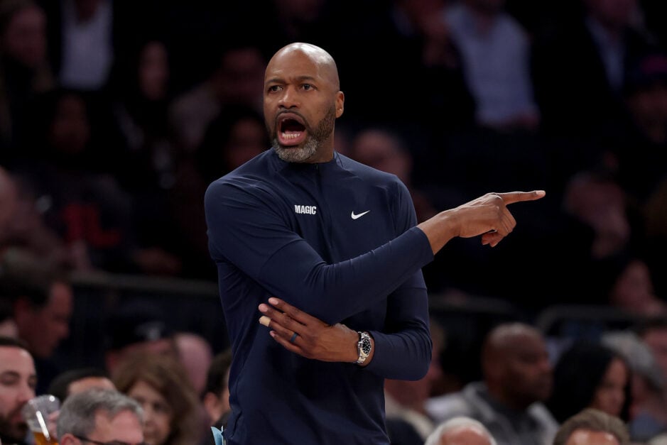 Head coach Jamahl Mosley of the Orlando Magic directs his team in the third quarter against the New York Knicks