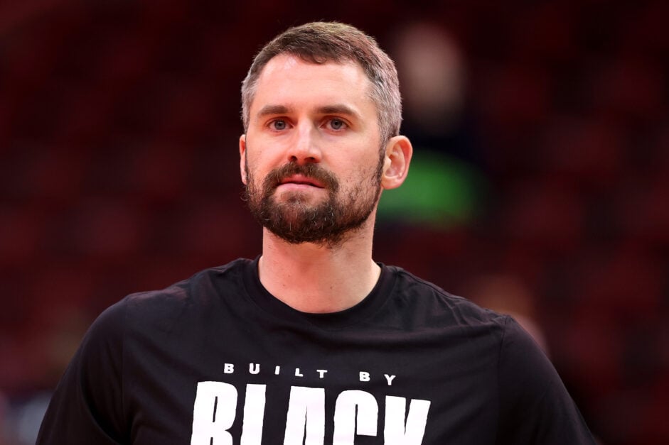 Kevin Love #42 of the Miami Heat looks on before the game against the Chicago Bulls at the United Center.