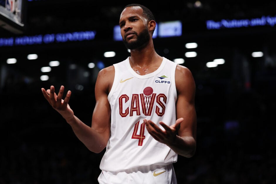 Evan Mobley #4 of the Cleveland Cavaliers reacts during the game against the Brooklyn Nets at Barclays Center on February 20, 2025 in the Brooklyn borough of New York City. The Cleveland Cavaliers won 110-97.