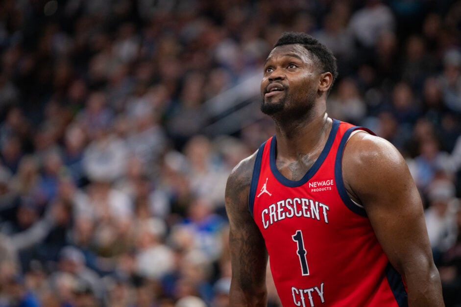 Zion Williamson #1 of the New Orleans Pelicans looks on during a free throw in the second half against the Minnesota Timberwolves at Target Center.