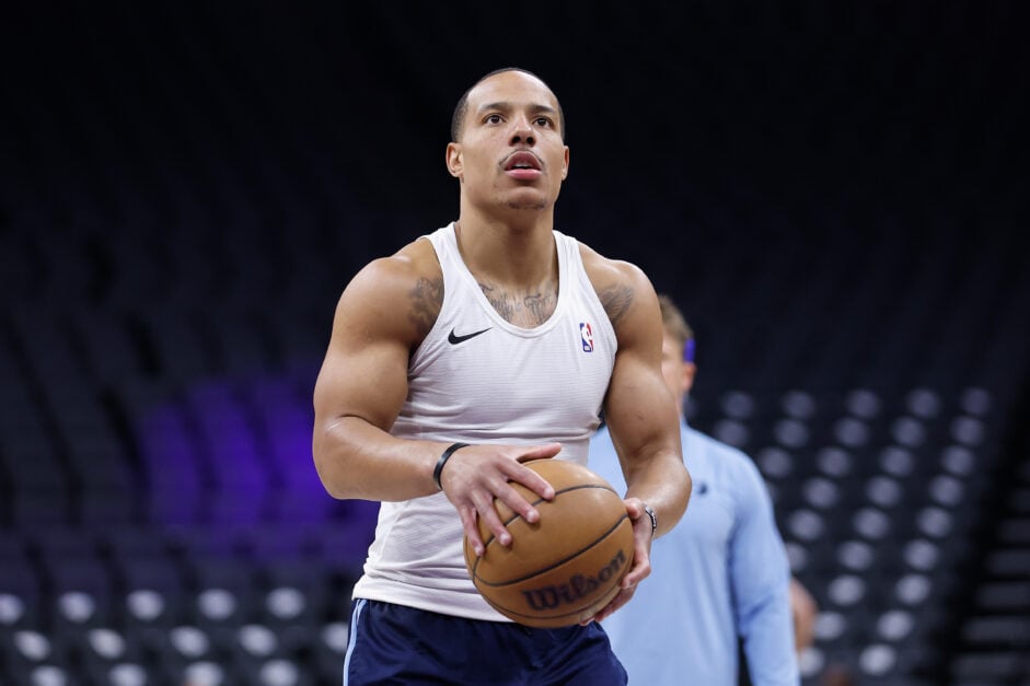 Desmond Bane #22 of the Memphis Grizzlies warms up before the game against the Sacramento Kings at Golden 1 Center.