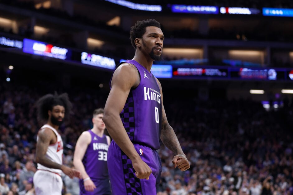Malik Monk #0 of the Sacramento Kings reacts after a play in the third quarter against the Chicago Bulls at Golden 1 Center.