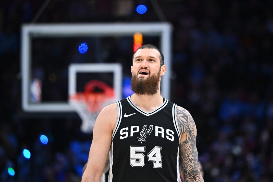 Sandro Mamukelashvili #54 of the San Antonio Spurs reacts during the fourth quarter against the Cleveland Cavaliers at Rocket Arena.
