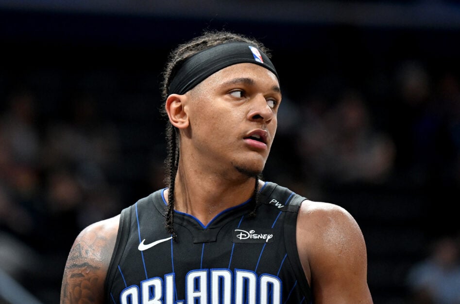 Paolo Banchero #5 of the Orlando Magic rests during a break in the game against the Washington Wizards at Capital One Arena.