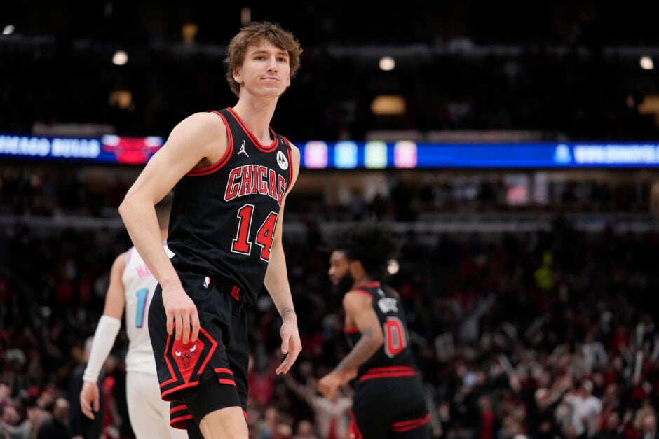 Matas Buzelis #14 of the Chicago Bulls celebrates after making a three point basket against the Miami Heat during the fourth quarter at the United Center on April 09, 2025 in Chicago, Illinois.