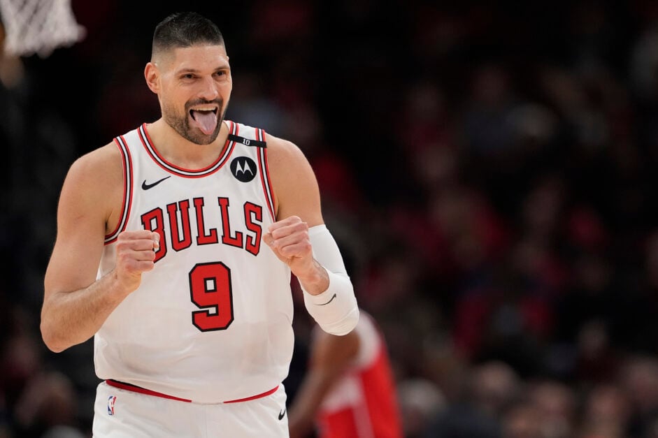 Nikola Vucevic #9 of the Chicago Bulls reacts against the Washington Wizards.