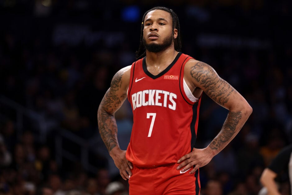 Cam Whitmore #7 of the Houston Rockets looks on during the second quarter against the Los Angeles Lakers.