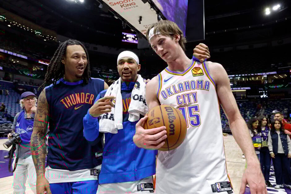 Jaylin Williams, Aaron Wiggins and Branden Carlson of the Oklahoma City Thunder walk off the court after a game