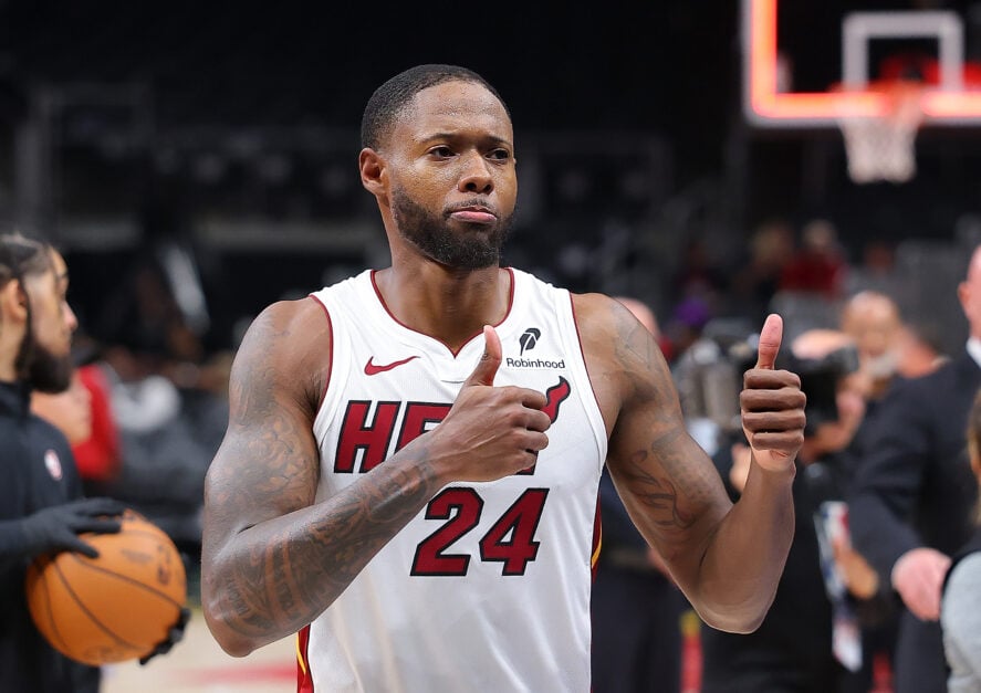 Haywood Highsmith gives a thumbs up, in Miami Heat uniform