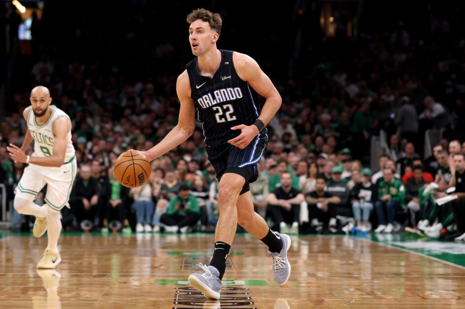 Franz Wagner #22 of the Orlando Magic dribbles the ball against the Boston Celtics in Game One of the Eastern Conference.
