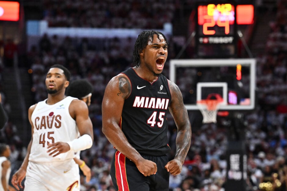 Davion Mitchell #45 of the Miami Heat reacts during the fourth quarter of game two of the first round of the Eastern Conference Playoffs against the Cleveland Cavaliers.