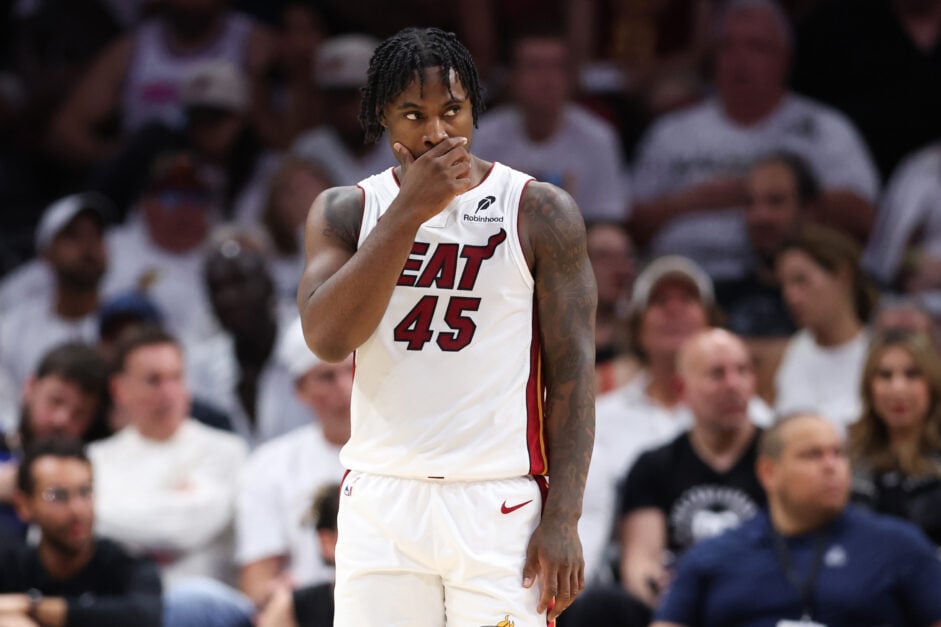 Davion Mitchell #45 of the Miami Heat reacts against the Cleveland Cavaliers during the second quarter in Game Four of the Eastern Conference First Round NBA Playoffs.