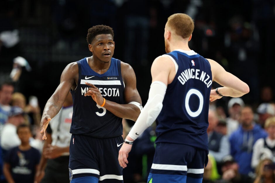 Anthony Edwards and Donte DiVincenzo celebrate