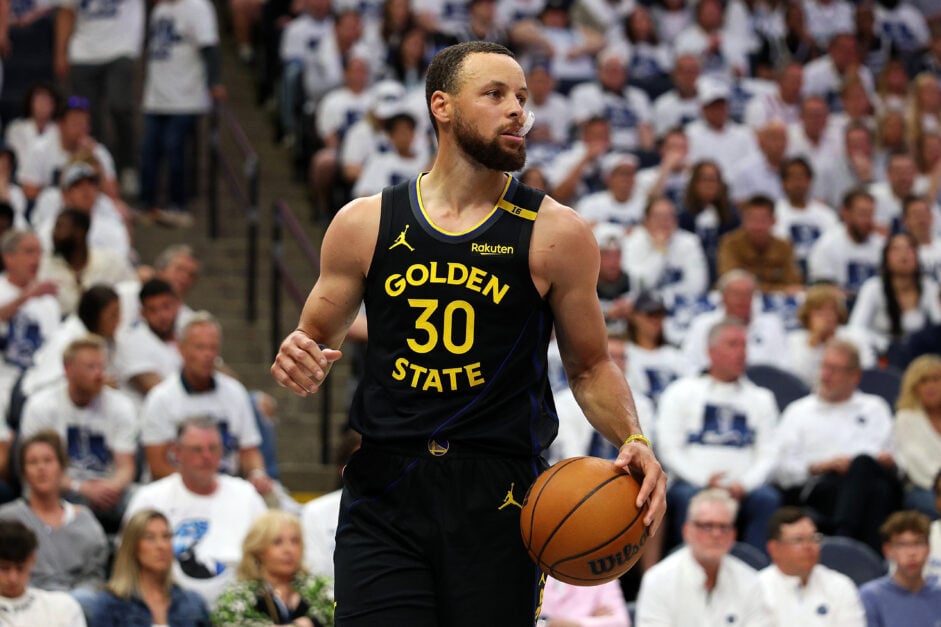 Golden State Warriors star Stephen Curry playing in the 2025 NBA Playoffs against the Minnesota Timberwolves.
