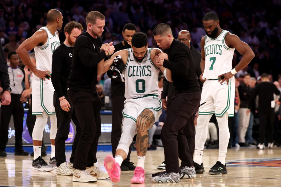 Boston Celtics superstar Jayson Tatum right after the Achilles injury he suffered in the 2025 Playoffs.