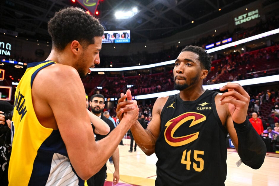 Tyrese Haliburton #0 of the Indiana Pacers greets Donovan Mitchell #45 of the Cleveland Cavaliers following Game Five of the Eastern Conference Second Round NBA Playoffs.