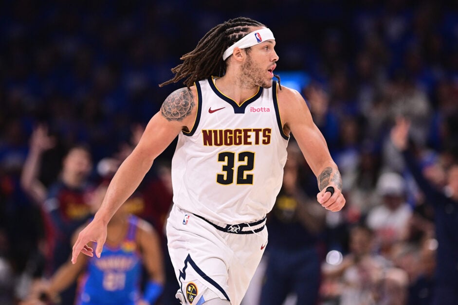 Denver Nuggets forward Aaron Gordon playing in the 2025 Playoffs against the OKC Thunder.