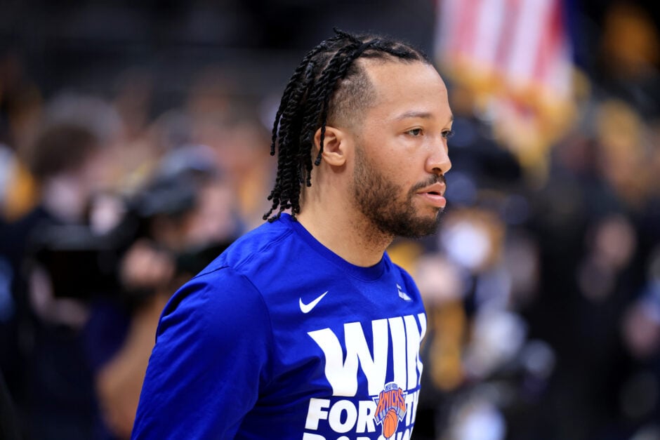 Jalen Brunson #11 of the New York Knicks warms up prior to Game Three of the Eastern Conference Finals of the 2025 NBA Playoffs against the Indiana Pacers at Gainbridge Fieldhouse.
