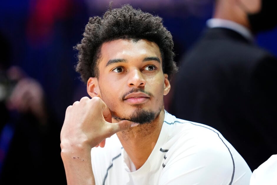Victor Wembanyama looks on during the 2025 Women's Volleyball Nations League match between France and Belgium.