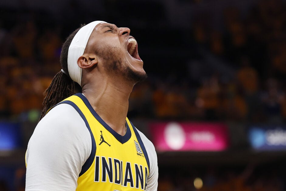 Myles Turner celebrating a big play during the NBA Finals while he was playing for the Indiana Pacers.