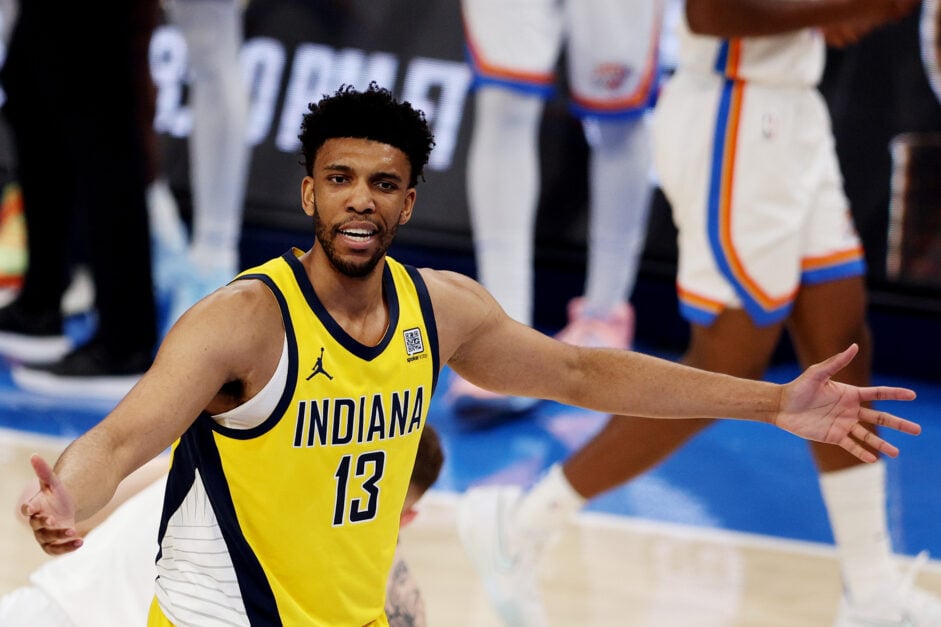 Tony Bradley #13 of the Indiana Pacers reacts during the first quarter against the Oklahoma City Thunder in Game Five of the 2025 NBA Finals at Paycom Center.