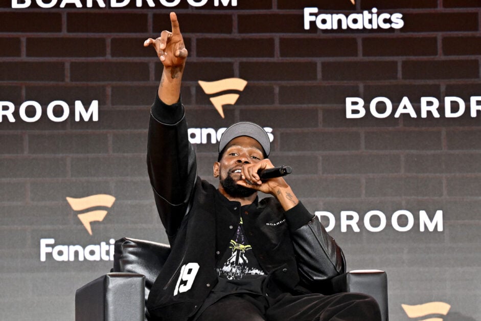 Kevin Durant speaks onstage during Fanatics Fest NYC 2025 at Javits Center.