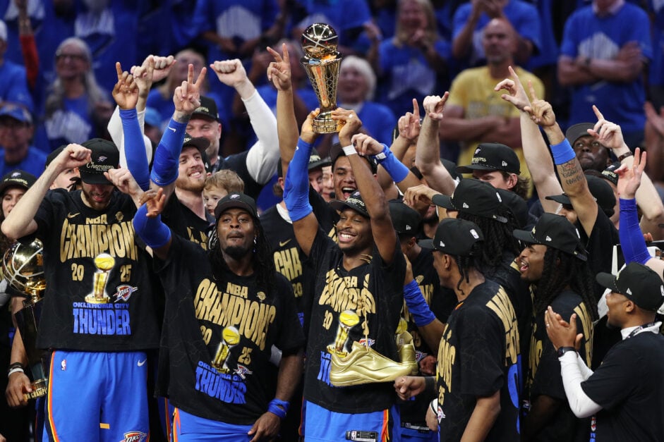 Shai Gilgeous-Alexander #2 of the Oklahoma City Thunder celebrates with the Bill Russell NBA Finals Most Valuable Player trophy after defeating the Indiana Pacers 103-91 in Game Seven of the 2025 NBA Finals at Paycom Center on June 22, 2025 in Oklahoma City, Oklahoma.