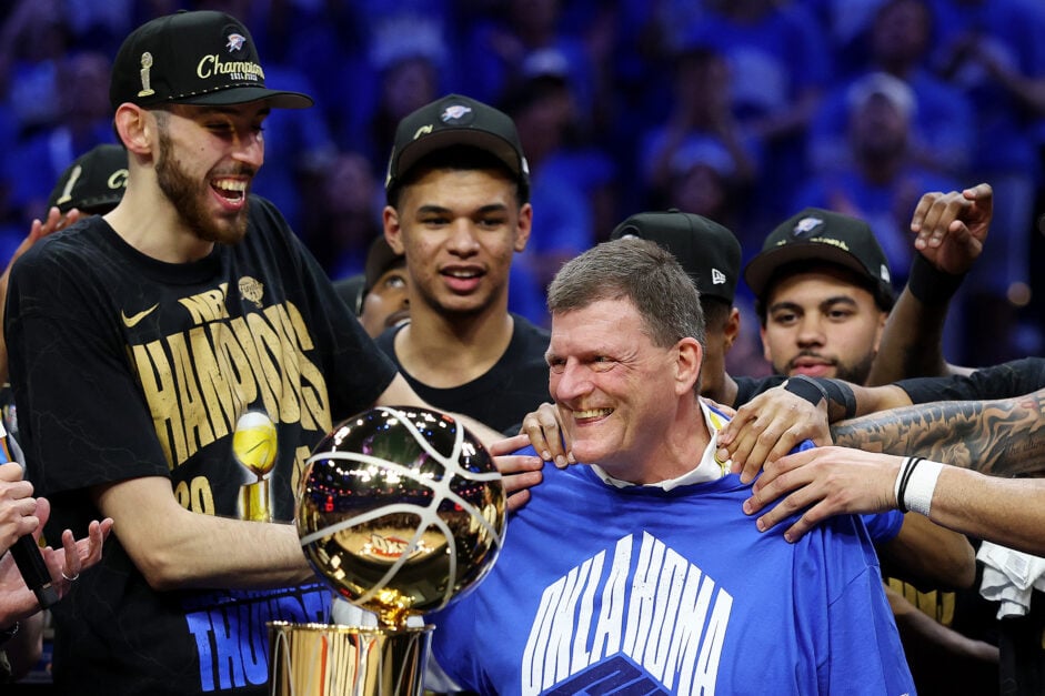 Oklahoma City Thunder owner Clay Bennett celebrating with the team after the 2025 NBA Finals.