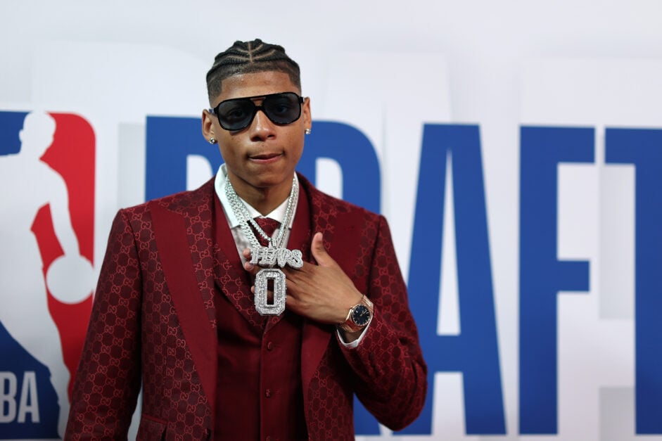 Jeremiah Fears poses on the red carpet prior to the 2025 NBA Draft - Round One at Barclays Center.