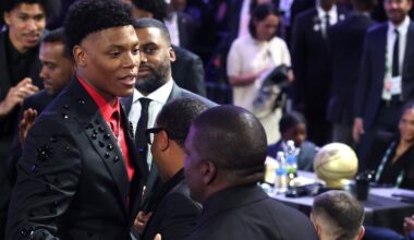 Ace Bailey celebrates with family after being drafted fifth overall by the Utah Jazz