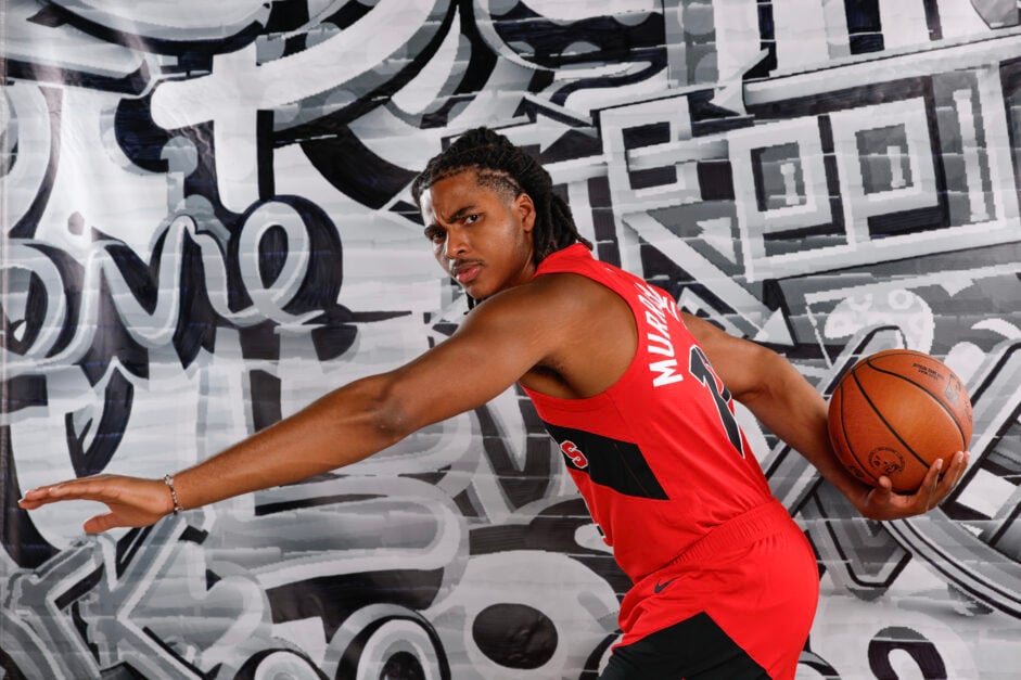 Collin Murray-Boyles #12 of the Toronto Raptors poses for a portrait during the 2025 NBA Rookie Photo Shoot at UNLV.