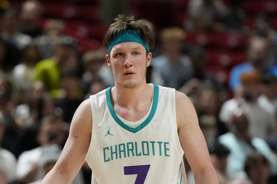 Kon Knueppel #7 of the Charlotte Hornets looks on against the Sacramento Kings in the second half of the 2025 NBA Summer League Championship game at the Thomas and Mack Center.