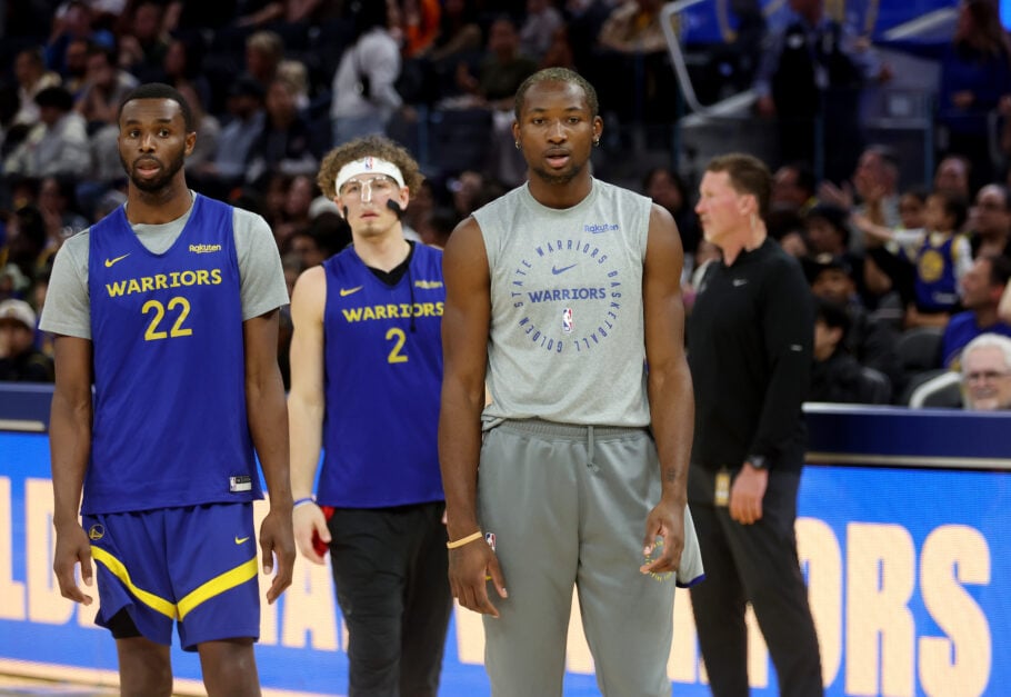 Golden State Warriors' Jonathan Kuminga (00) with Andrew Wiggins (22) and Brandin Podziemski (2) during their open practice at the Chase Center in San Francisco, Calif., on Wednesday, Oct. 16, 2024.