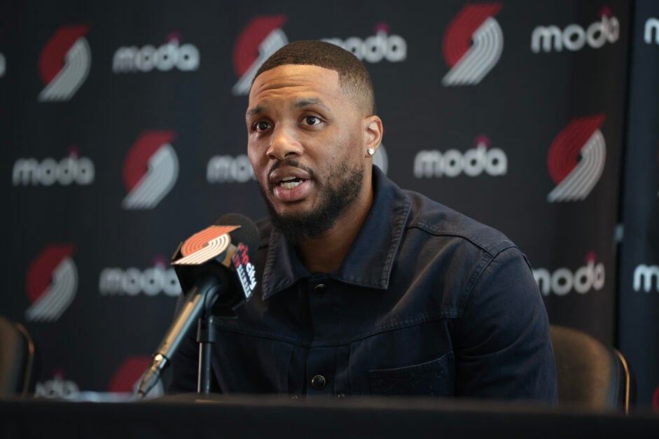 Damian Lillard during his Portland Trail Blazers return press conference.