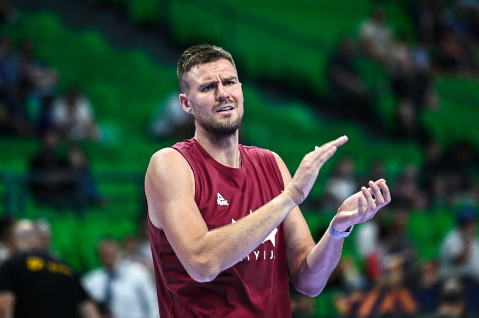 Kristaps Porzingis of Latvia plays during the Aegean Acropolis Tournament 2025, in the match between Greece and Latvia at OAKA Stadium in Athens, Greece, on August 20, 2025.