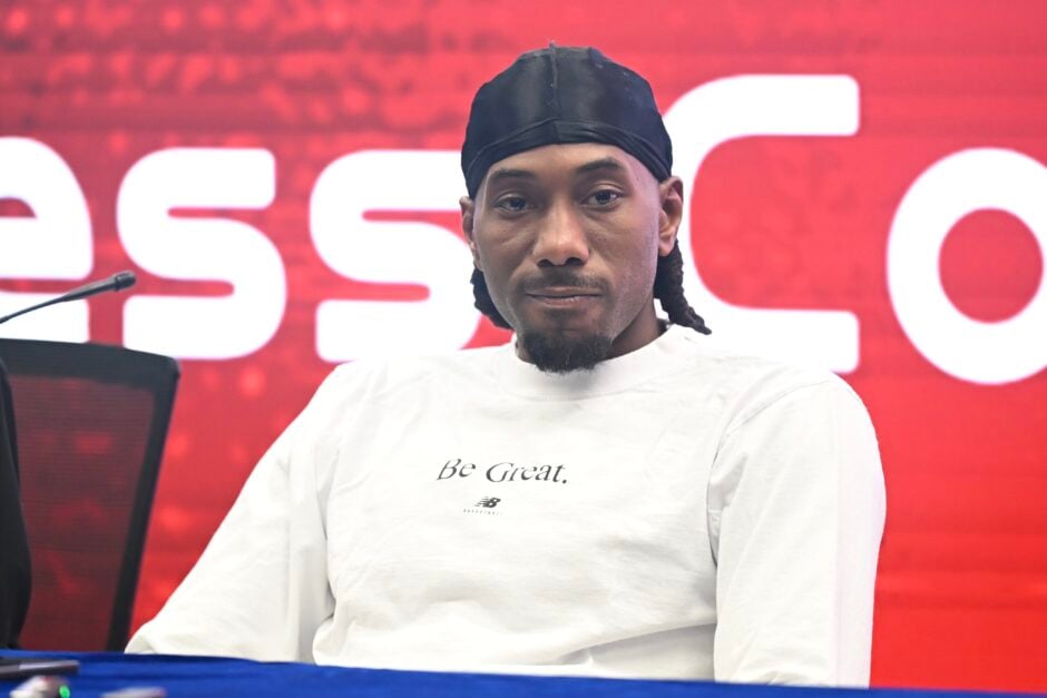 NBA Star Kawhi Leonard of the Los Angeles Clippers attends a press conference during his 2025 Asia Tour.
